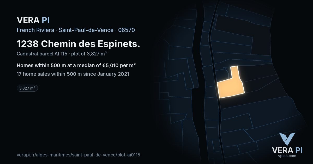 1238 Chemin des Espinets, Saint-Paul-de-Vence at night – the plot lit, the parcels around coloured by the prices near them