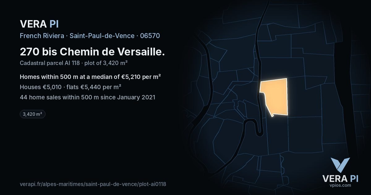 270 bis Chemin de Versaille, Saint-Paul-de-Vence at night – the plot lit, the parcels around coloured by the prices near them