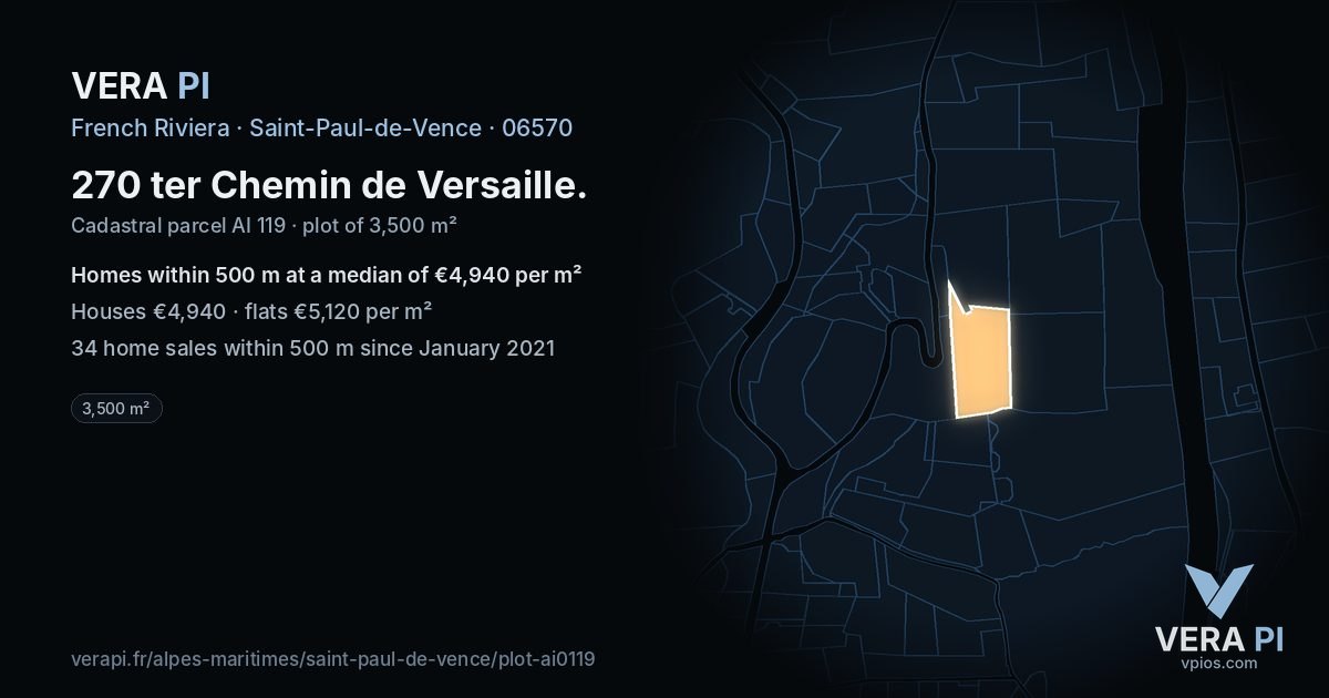270 ter Chemin de Versaille, Saint-Paul-de-Vence at night – the plot lit, the parcels around coloured by the prices near them