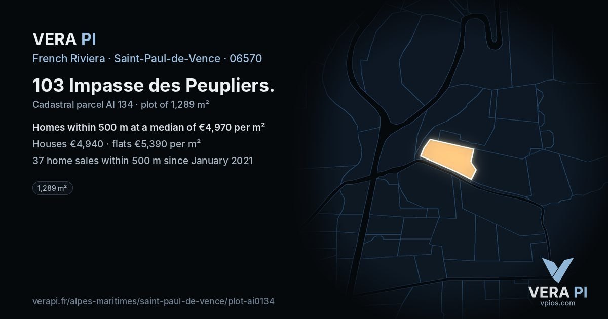 103 Impasse des Peupliers, Saint-Paul-de-Vence at night – the plot lit, the parcels around coloured by the prices near them