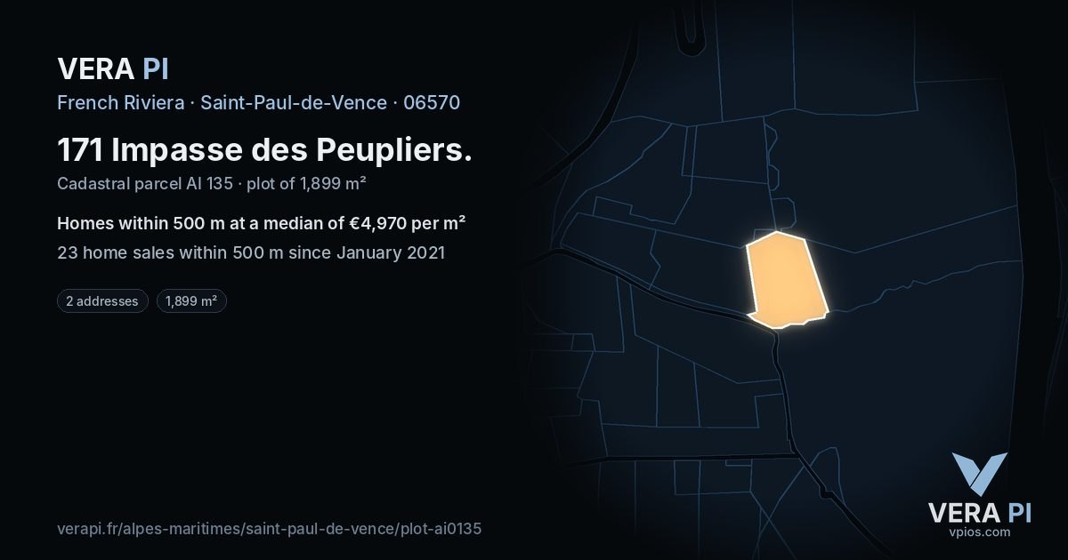 171 Impasse des Peupliers, Saint-Paul-de-Vence at night – the plot lit, the parcels around coloured by the prices near them