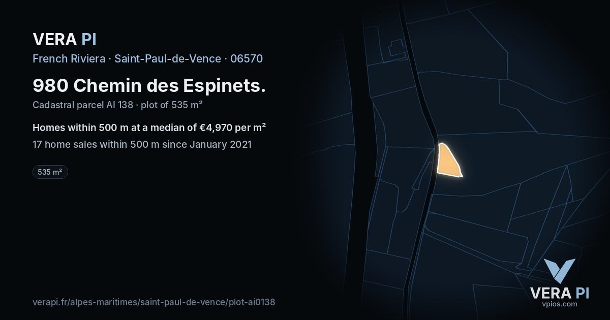 980 Chemin des Espinets, Saint-Paul-de-Vence at night – the plot lit, the parcels around coloured by the prices near them