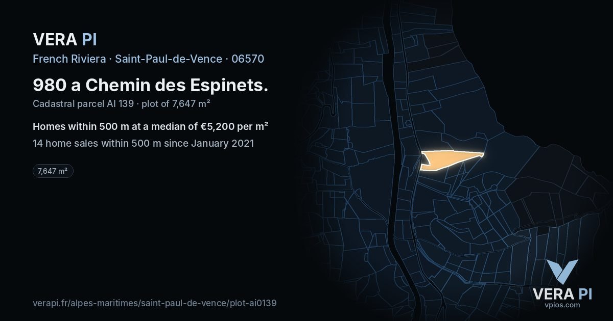 980 a Chemin des Espinets, Saint-Paul-de-Vence at night – the plot lit, the parcels around coloured by the prices near them