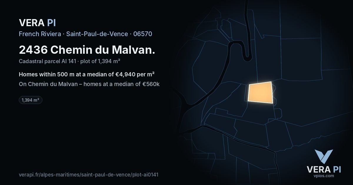 2436 Chemin du Malvan, Saint-Paul-de-Vence at night – the plot lit, the parcels around coloured by the prices near them