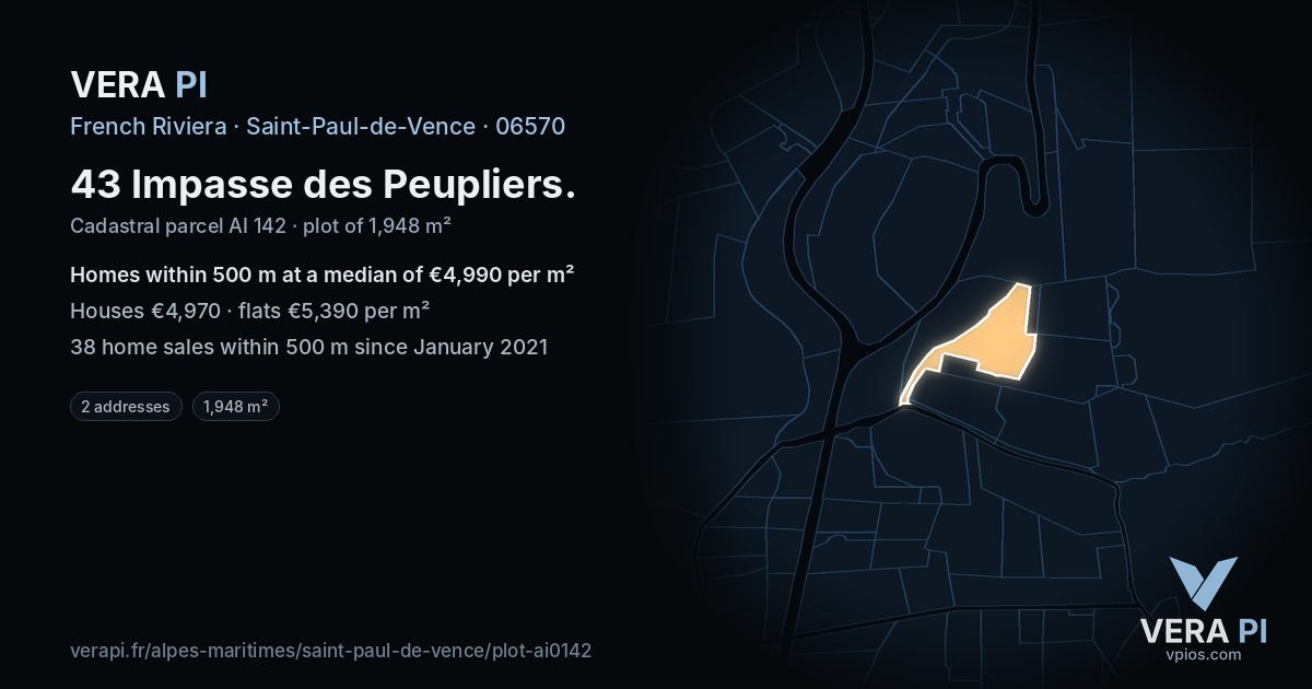 43 Impasse des Peupliers, Saint-Paul-de-Vence at night – the plot lit, the parcels around coloured by the prices near them