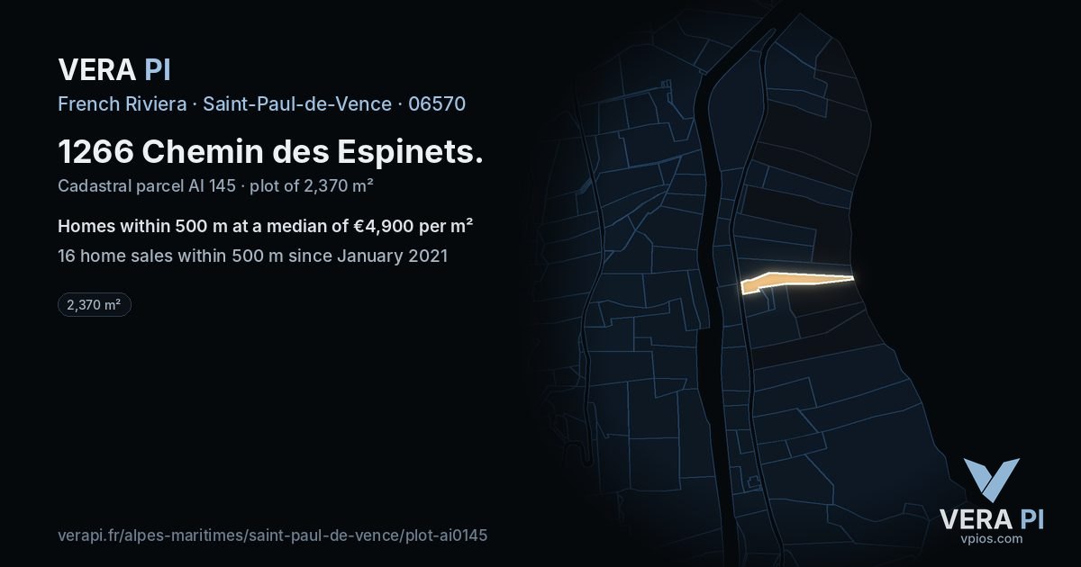 1266 Chemin des Espinets, Saint-Paul-de-Vence at night – the plot lit, the parcels around coloured by the prices near them