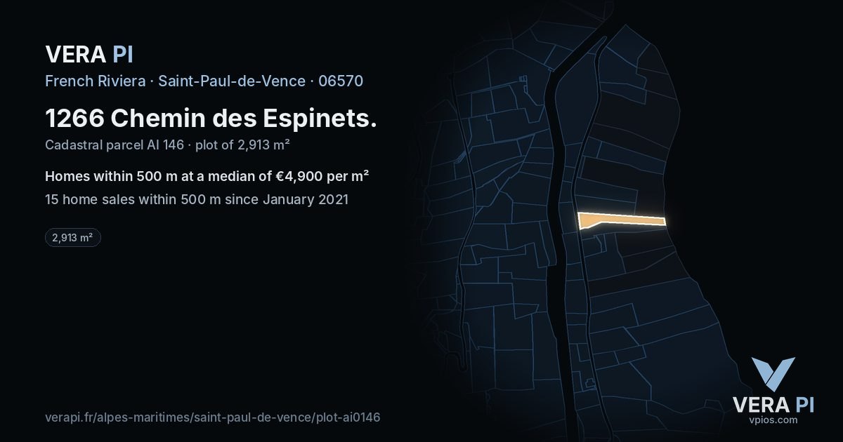 1266 Chemin des Espinets, Saint-Paul-de-Vence at night – the plot lit, the parcels around coloured by the prices near them