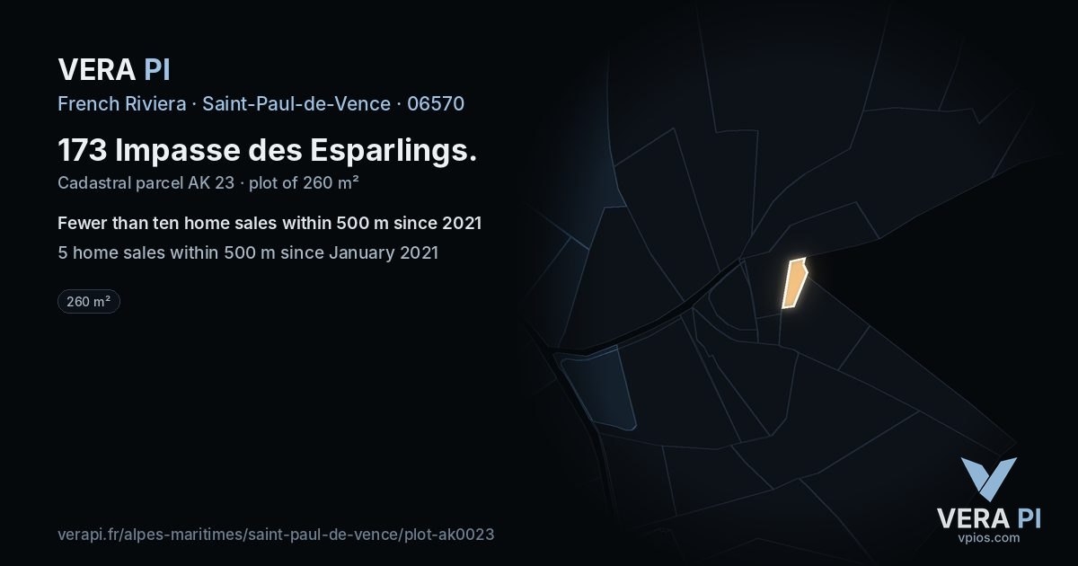 173 Impasse des Esparlings, Saint-Paul-de-Vence at night – the plot lit, the parcels around coloured by the prices near them