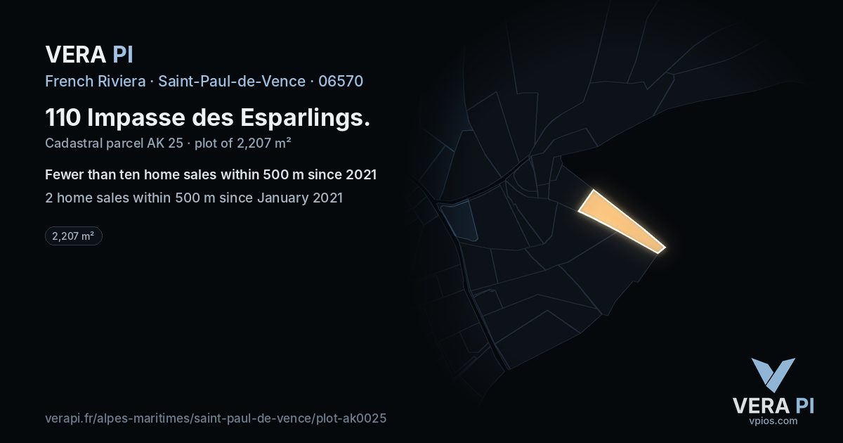 110 Impasse des Esparlings, Saint-Paul-de-Vence at night – the plot lit, the parcels around coloured by the prices near them