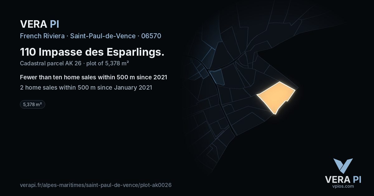 110 Impasse des Esparlings, Saint-Paul-de-Vence at night – the plot lit, the parcels around coloured by the prices near them