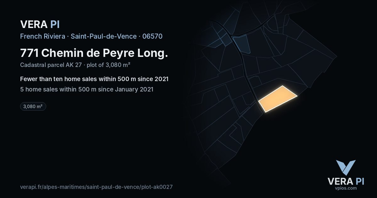 771 Chemin de Peyre Long, Saint-Paul-de-Vence at night – the plot lit, the parcels around coloured by the prices near them