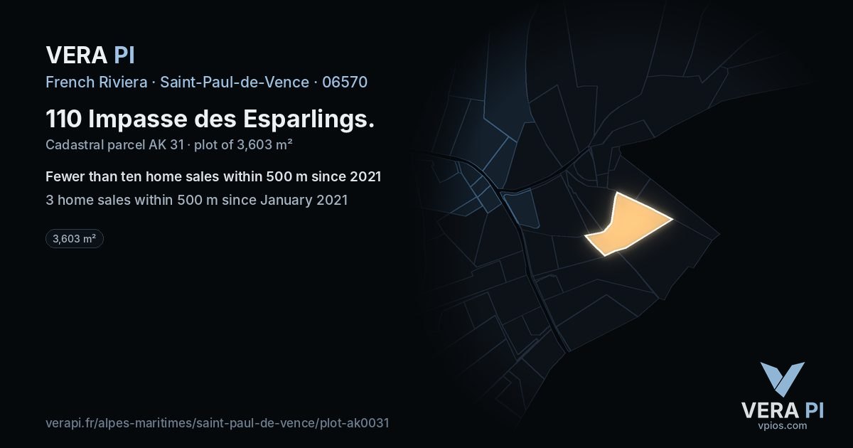 110 Impasse des Esparlings, Saint-Paul-de-Vence at night – the plot lit, the parcels around coloured by the prices near them
