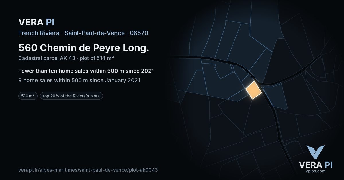 560 Chemin de Peyre Long, Saint-Paul-de-Vence at night – the plot lit, the parcels around coloured by the prices near them