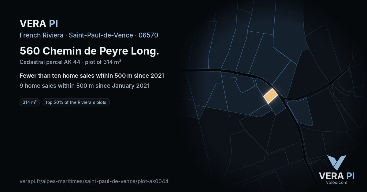 560 Chemin de Peyre Long, Saint-Paul-de-Vence at night – the plot lit, the parcels around coloured by the prices near them