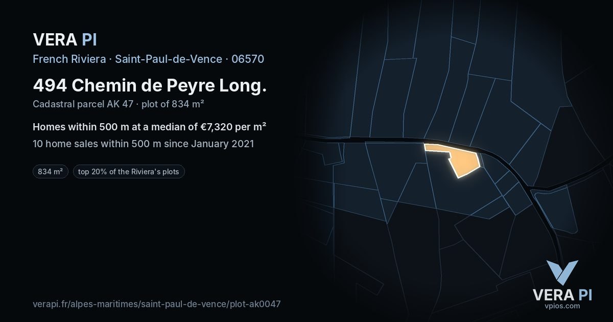 494 Chemin de Peyre Long, Saint-Paul-de-Vence at night – the plot lit, the parcels around coloured by the prices near them