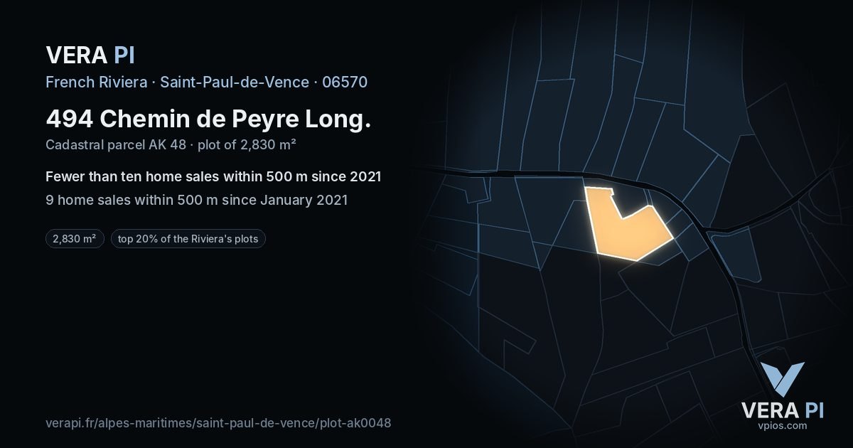 494 Chemin de Peyre Long, Saint-Paul-de-Vence at night – the plot lit, the parcels around coloured by the prices near them