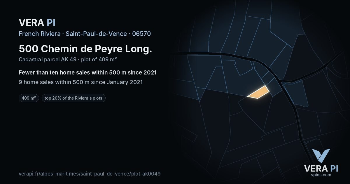 500 Chemin de Peyre Long, Saint-Paul-de-Vence at night – the plot lit, the parcels around coloured by the prices near them