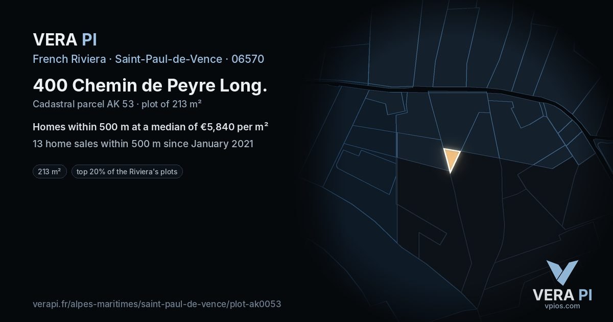 400 Chemin de Peyre Long, Saint-Paul-de-Vence at night – the plot lit, the parcels around coloured by the prices near them