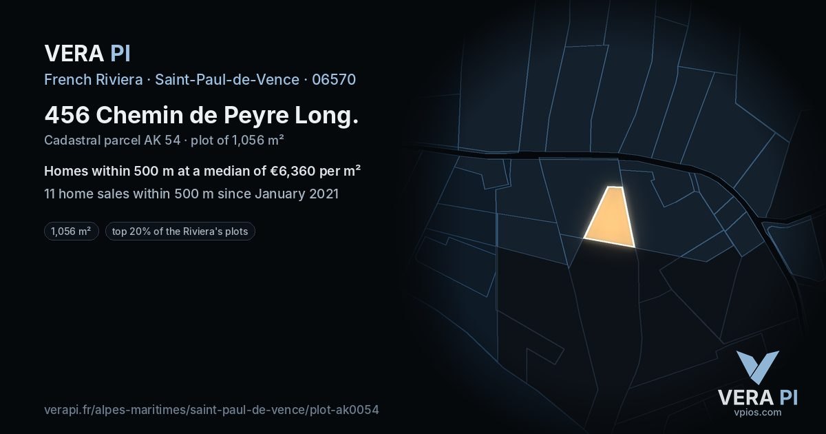 456 Chemin de Peyre Long, Saint-Paul-de-Vence at night – the plot lit, the parcels around coloured by the prices near them