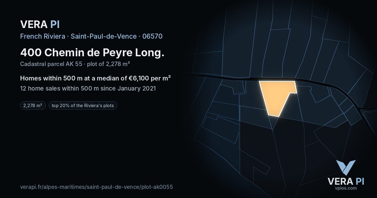 400 Chemin de Peyre Long, Saint-Paul-de-Vence at night – the plot lit, the parcels around coloured by the prices near them