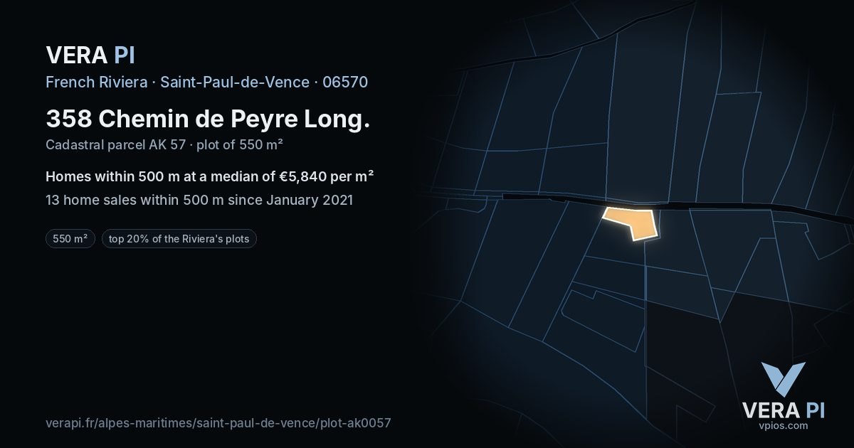 358 Chemin de Peyre Long, Saint-Paul-de-Vence at night – the plot lit, the parcels around coloured by the prices near them