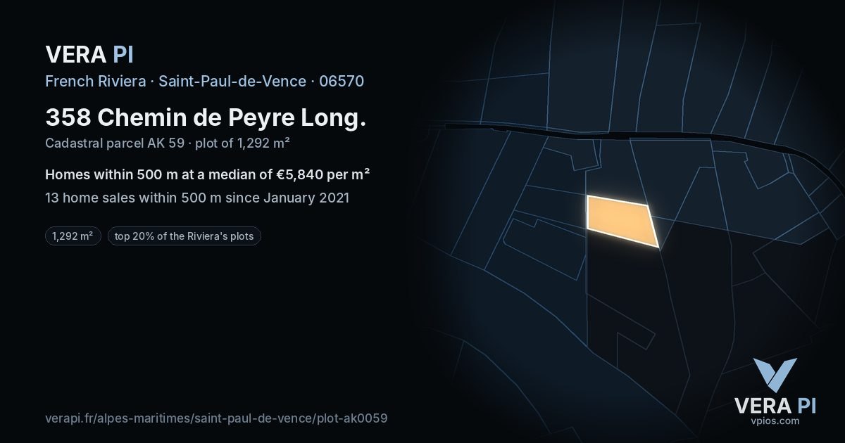 358 Chemin de Peyre Long, Saint-Paul-de-Vence at night – the plot lit, the parcels around coloured by the prices near them