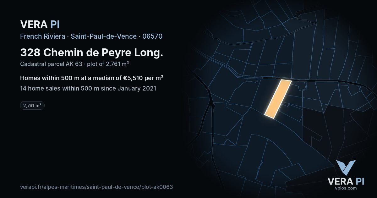 328 Chemin de Peyre Long, Saint-Paul-de-Vence at night – the plot lit, the parcels around coloured by the prices near them