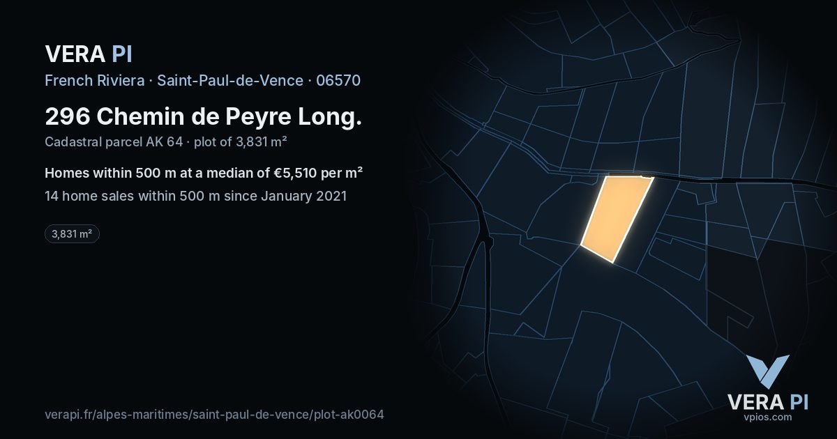 296 Chemin de Peyre Long, Saint-Paul-de-Vence at night – the plot lit, the parcels around coloured by the prices near them