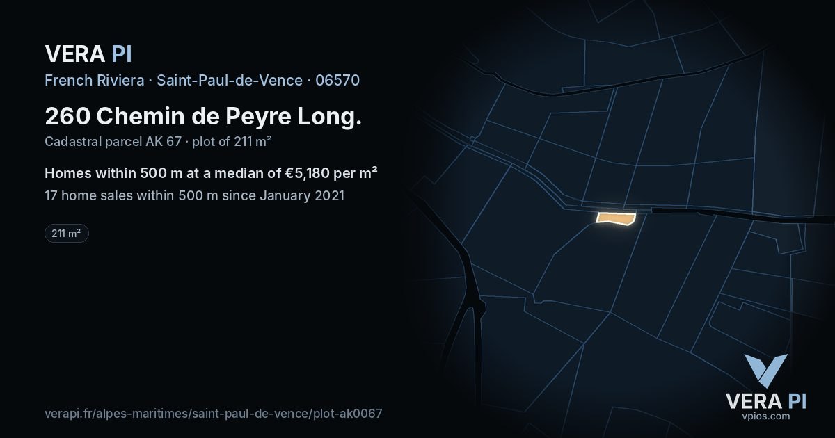 260 Chemin de Peyre Long, Saint-Paul-de-Vence at night – the plot lit, the parcels around coloured by the prices near them