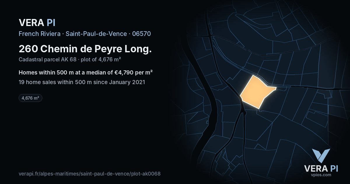 260 Chemin de Peyre Long, Saint-Paul-de-Vence at night – the plot lit, the parcels around coloured by the prices near them