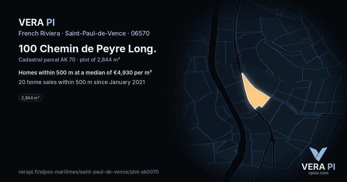 100 Chemin de Peyre Long, Saint-Paul-de-Vence at night – the plot lit, the parcels around coloured by the prices near them