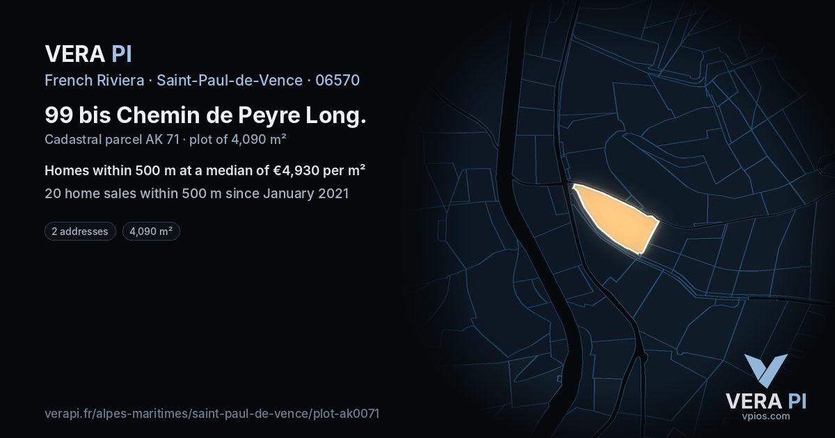 99 bis Chemin de Peyre Long, Saint-Paul-de-Vence at night – the plot lit, the parcels around coloured by the prices near them