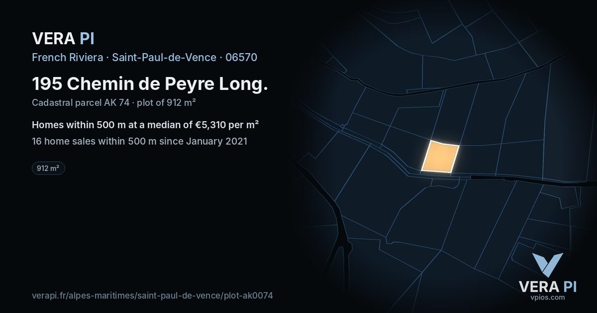 195 Chemin de Peyre Long, Saint-Paul-de-Vence at night – the plot lit, the parcels around coloured by the prices near them