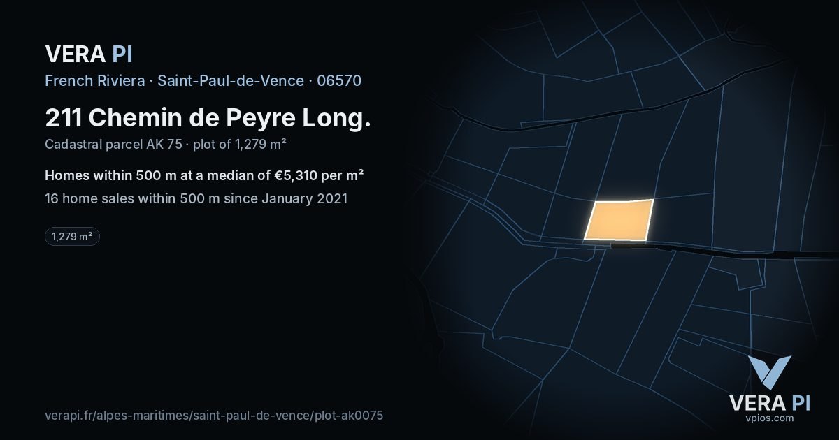 211 Chemin de Peyre Long, Saint-Paul-de-Vence at night – the plot lit, the parcels around coloured by the prices near them