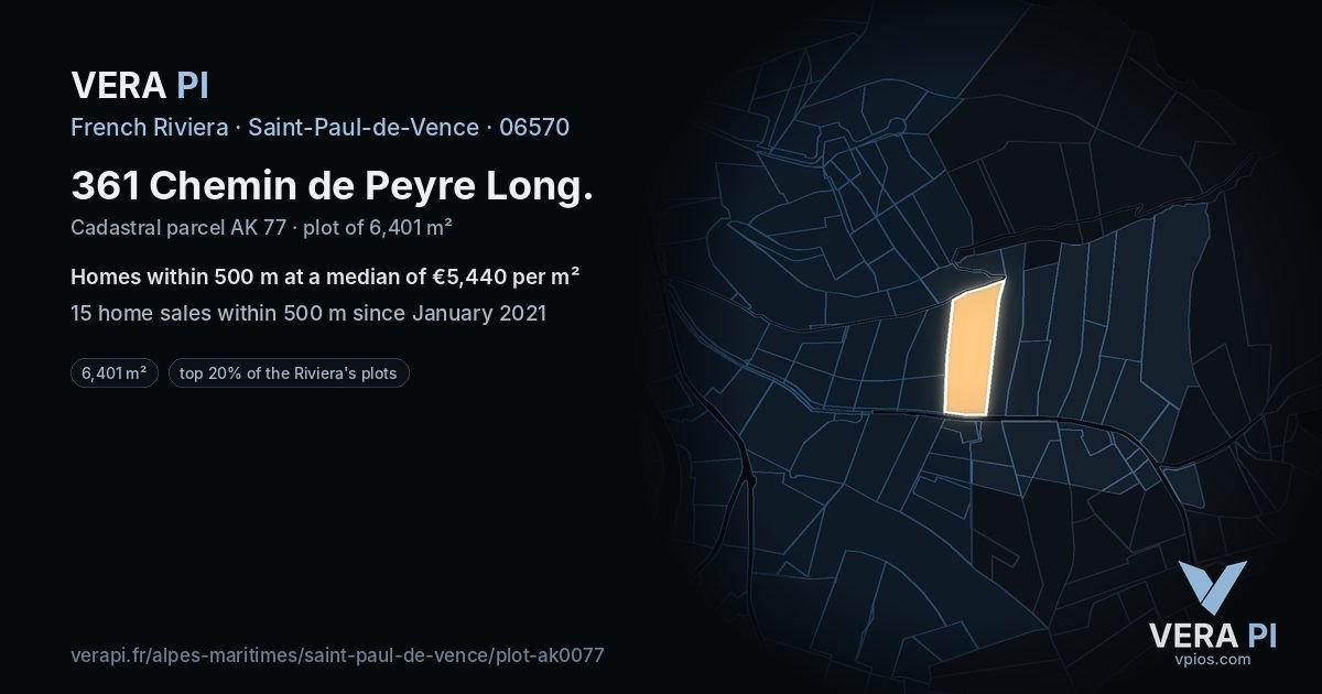 361 Chemin de Peyre Long, Saint-Paul-de-Vence at night – the plot lit, the parcels around coloured by the prices near them
