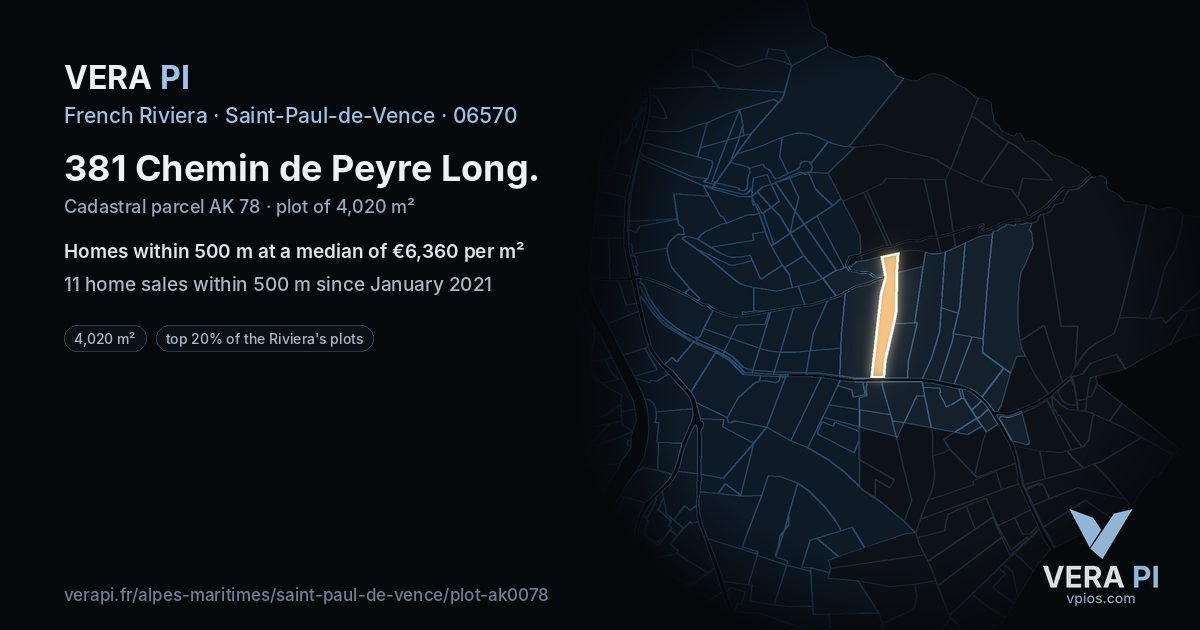 381 Chemin de Peyre Long, Saint-Paul-de-Vence at night – the plot lit, the parcels around coloured by the prices near them