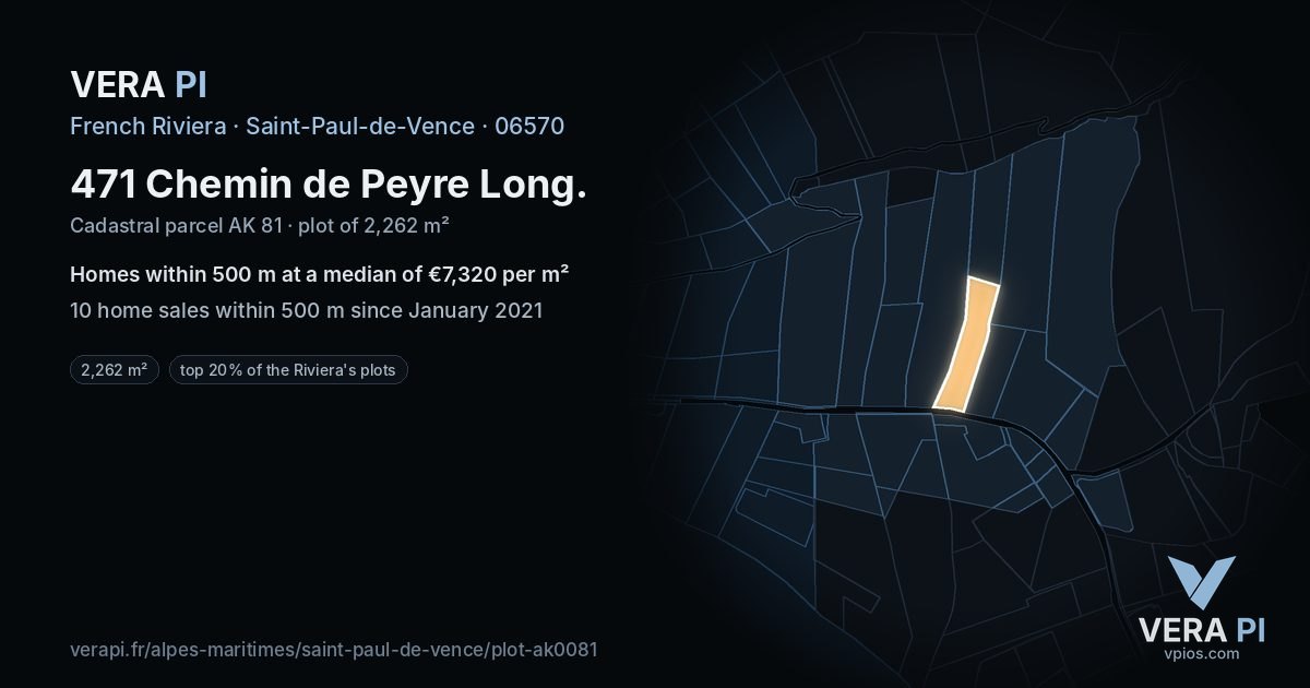 471 Chemin de Peyre Long, Saint-Paul-de-Vence at night – the plot lit, the parcels around coloured by the prices near them