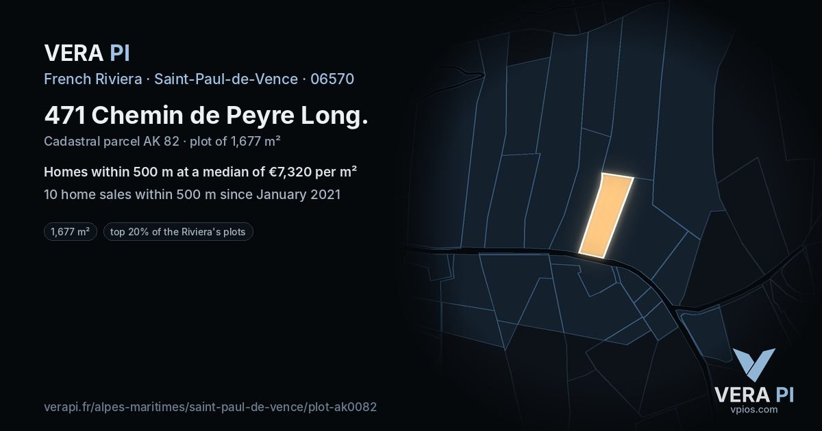 471 Chemin de Peyre Long, Saint-Paul-de-Vence at night – the plot lit, the parcels around coloured by the prices near them