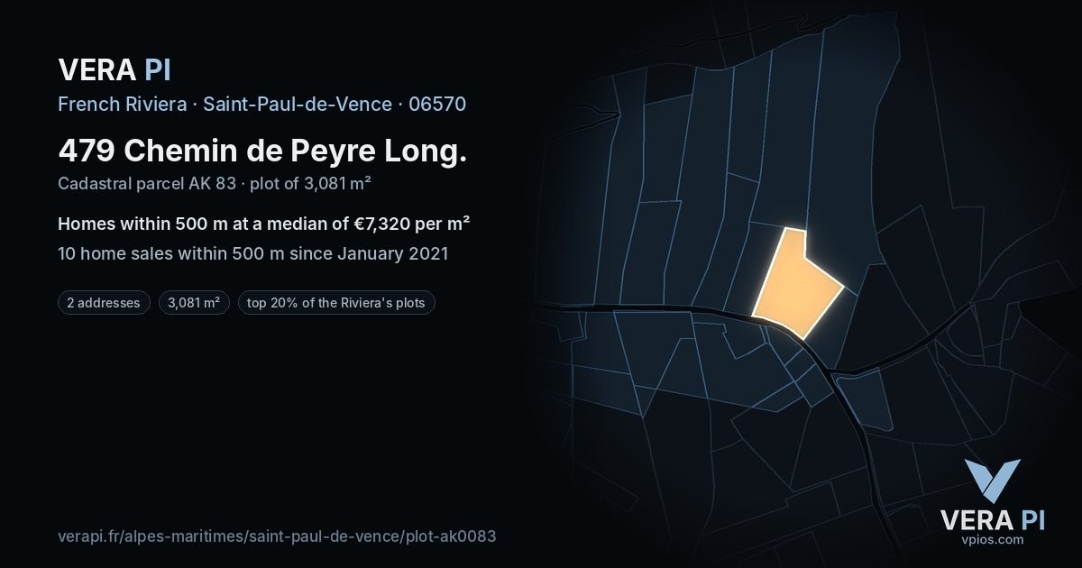 479 Chemin de Peyre Long, Saint-Paul-de-Vence at night – the plot lit, the parcels around coloured by the prices near them