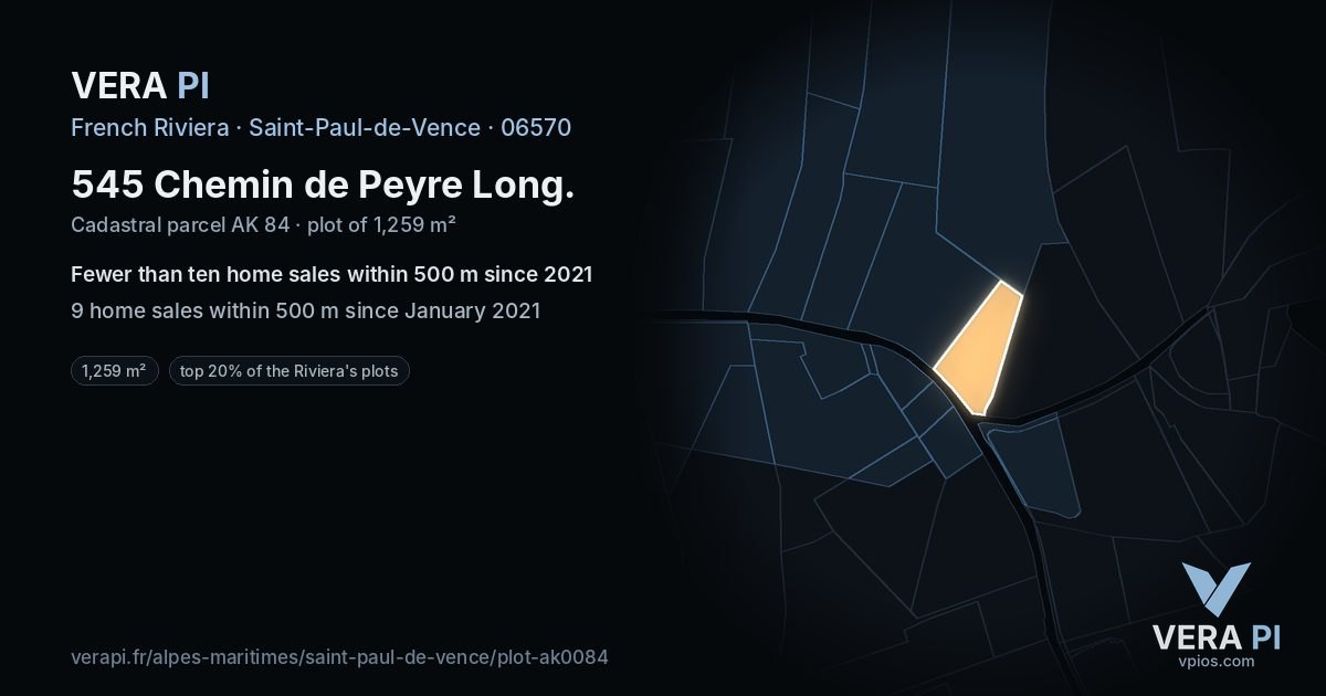545 Chemin de Peyre Long, Saint-Paul-de-Vence at night – the plot lit, the parcels around coloured by the prices near them