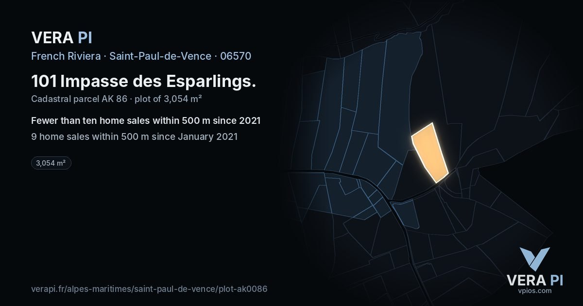 101 Impasse des Esparlings, Saint-Paul-de-Vence at night – the plot lit, the parcels around coloured by the prices near them