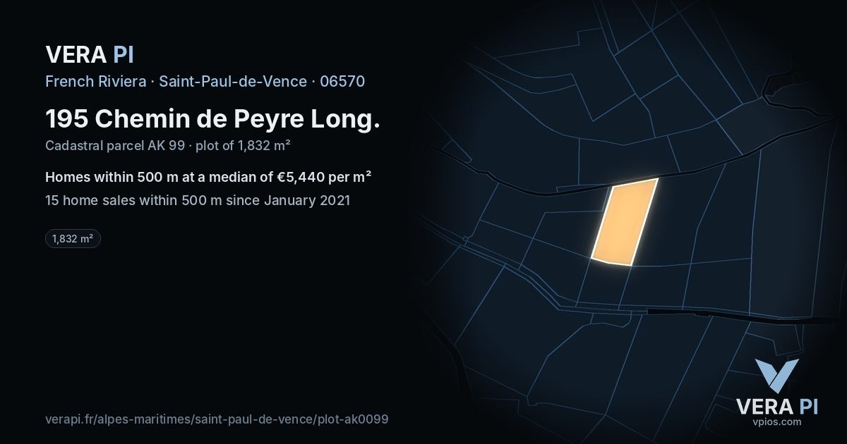 195 Chemin de Peyre Long, Saint-Paul-de-Vence at night – the plot lit, the parcels around coloured by the prices near them