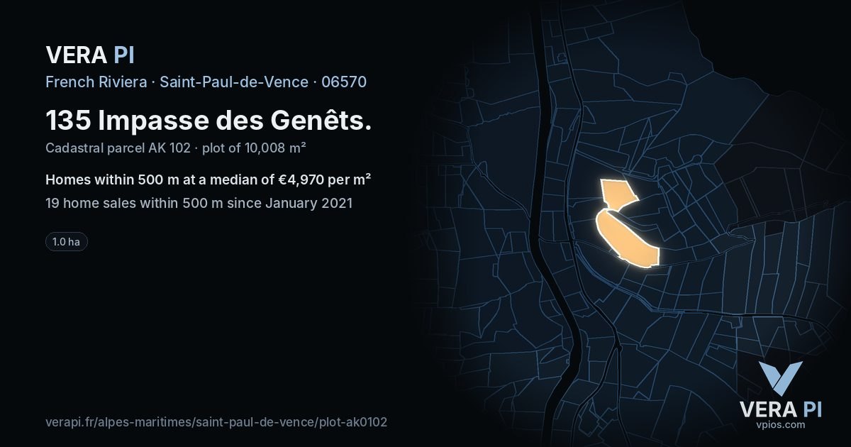135 Impasse des Genêts, Saint-Paul-de-Vence at night – the plot lit, the parcels around coloured by the prices near them