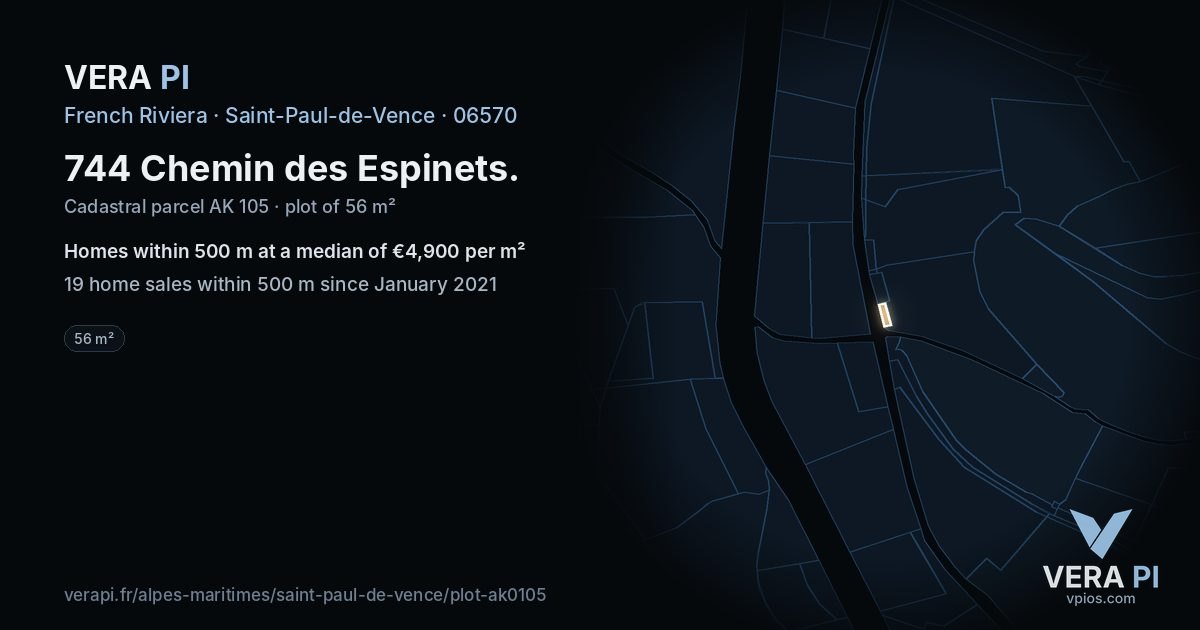 744 Chemin des Espinets, Saint-Paul-de-Vence at night – the plot lit, the parcels around coloured by the prices near them