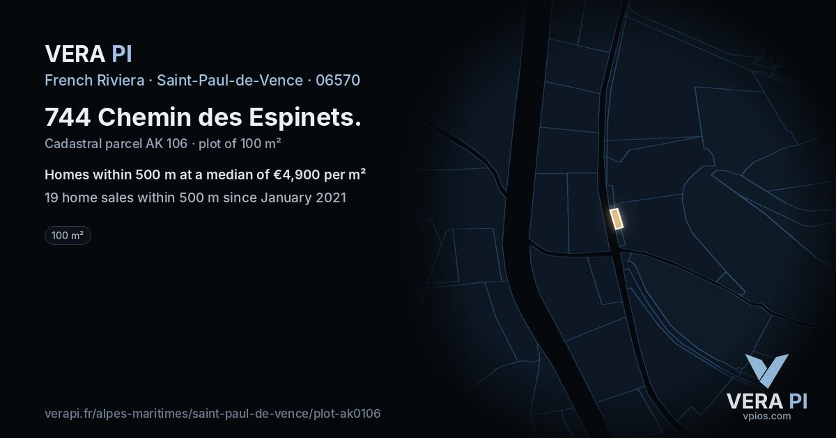 744 Chemin des Espinets, Saint-Paul-de-Vence at night – the plot lit, the parcels around coloured by the prices near them