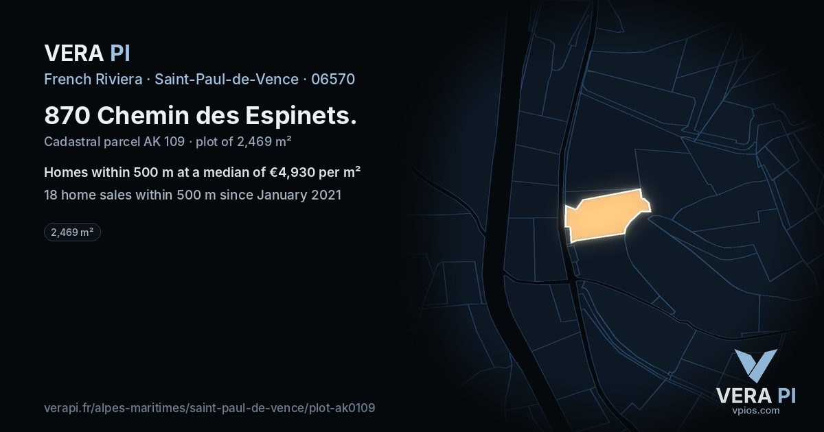 870 Chemin des Espinets, Saint-Paul-de-Vence at night – the plot lit, the parcels around coloured by the prices near them