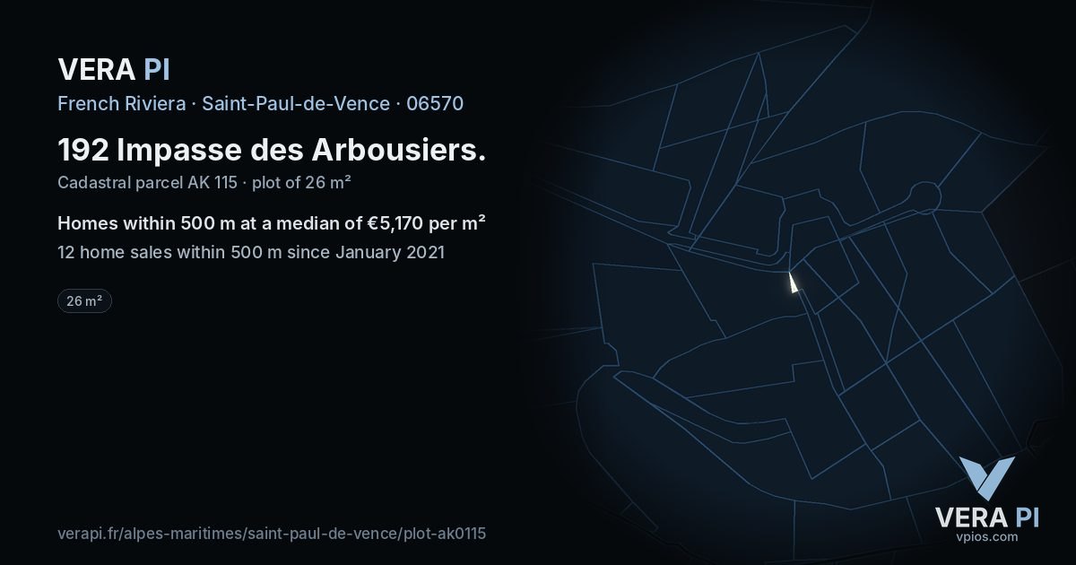192 Impasse des Arbousiers, Saint-Paul-de-Vence at night – the plot lit, the parcels around coloured by the prices near them