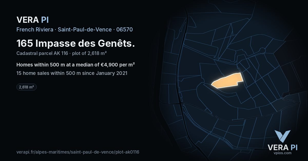 165 Impasse des Genêts, Saint-Paul-de-Vence at night – the plot lit, the parcels around coloured by the prices near them