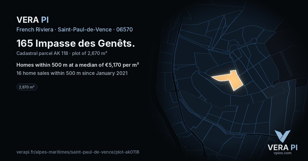 165 Impasse des Genêts, Saint-Paul-de-Vence at night – the plot lit, the parcels around coloured by the prices near them