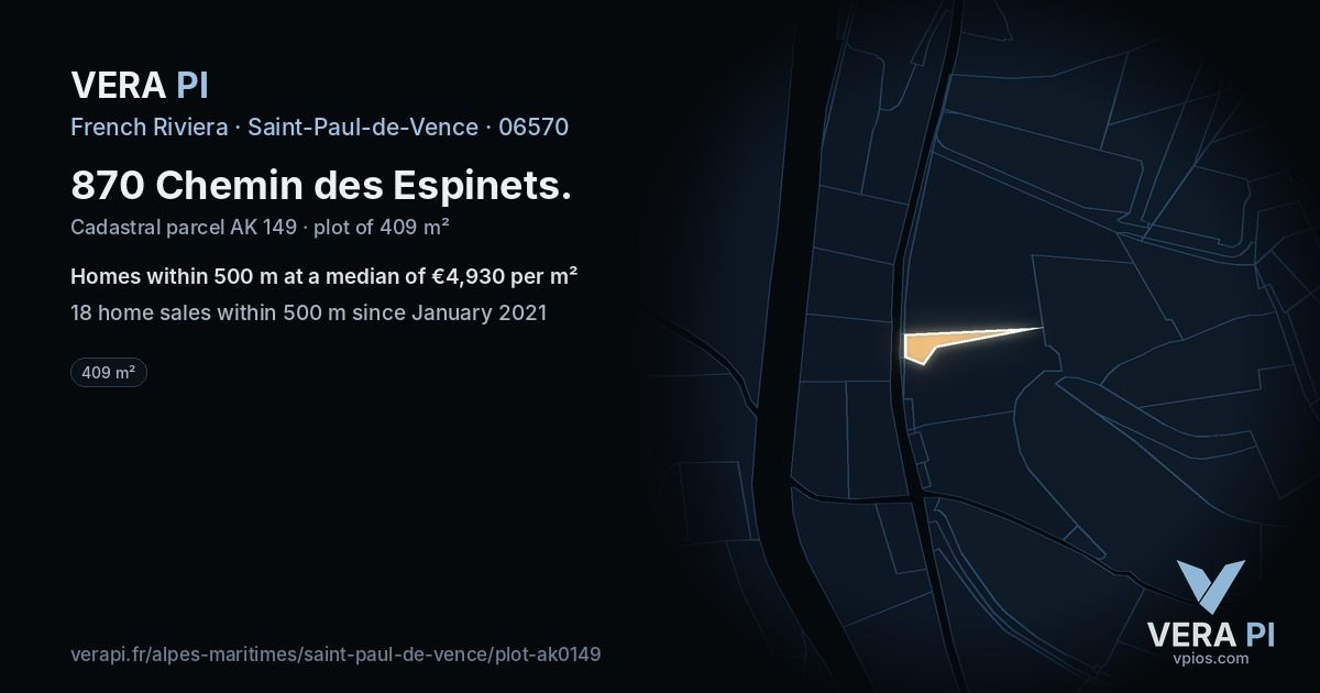 870 Chemin des Espinets, Saint-Paul-de-Vence at night – the plot lit, the parcels around coloured by the prices near them